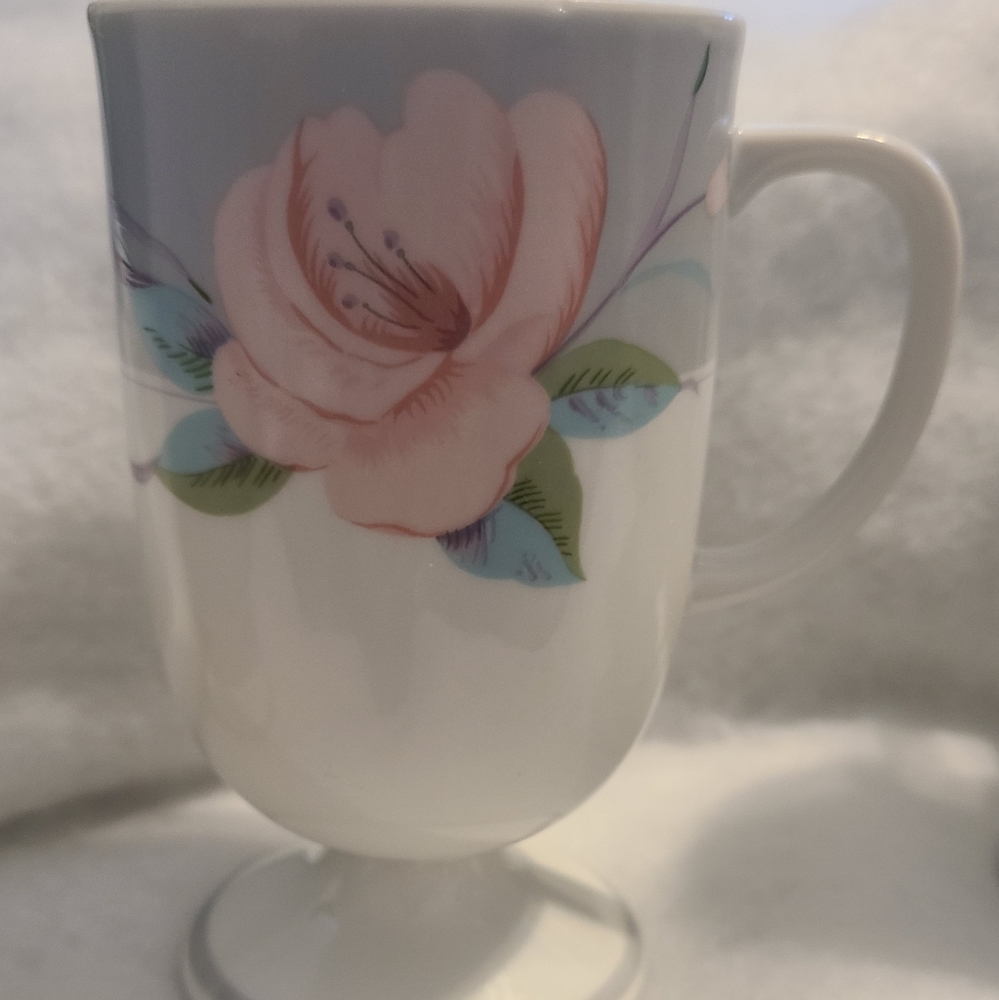 3 Vtg. 1985 Saltera China Cups Footed 5" Tall Victorian Rose Peach Pink Gray.